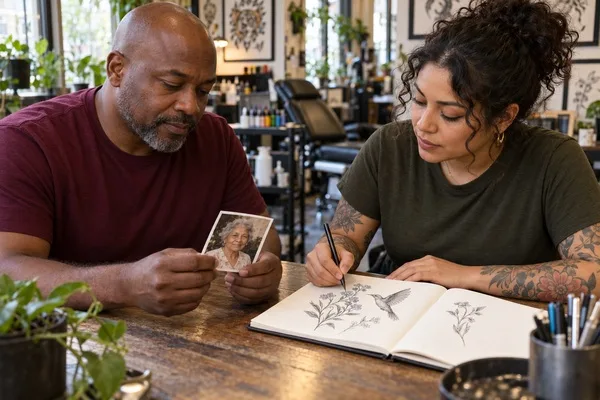 Client holds a family portrait while a tattoo artist sketches a floral memorial design with a hummingbird.