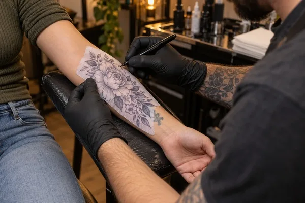 Tattoo artist positions a floral cover-up stencil on a client's forearm during a design consultation.