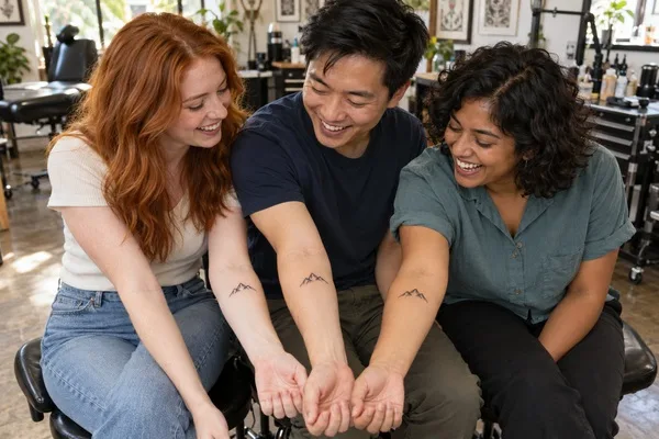 Three friends smile as they compare matching mountain tattoos on their forearms in a tattoo studio.