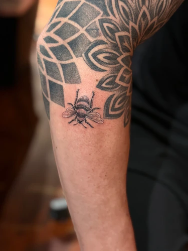 Black and grey realistic bee tattoo on the upper arm beside a geometric mandala sleeve by Chyloe at Golden Tarot Ink Club